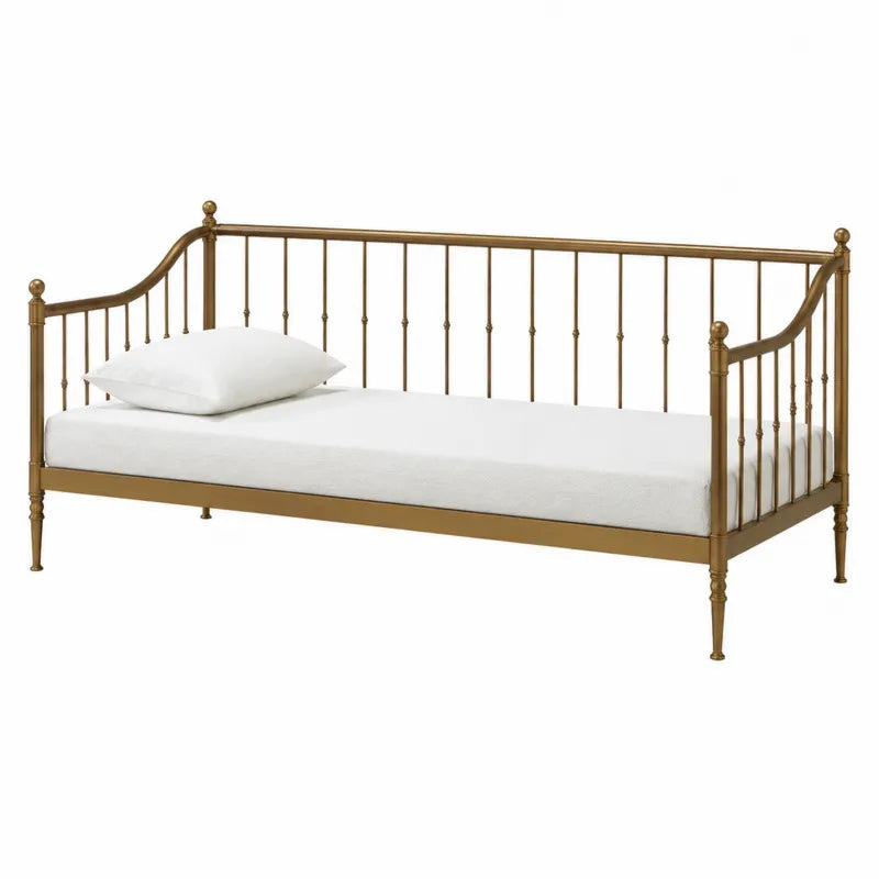 Metalowe łóżko dzienne z materacem piankowym 90x200 cm złote
