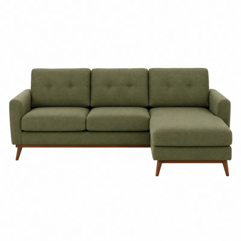 Sofa modułowa L z tkaniny poliestrowej i drewnianymi nogami, zielona
