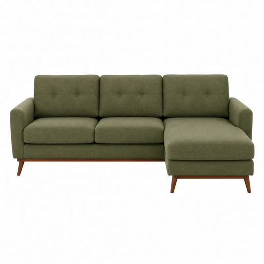 Sofa modułowa L z tkaniny poliestrowej i drewnianymi nogami, zielona