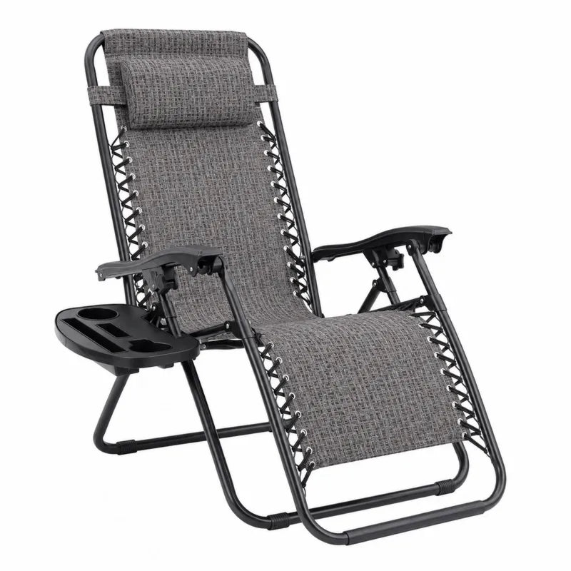 Składany leżak tekstylny szary z podłokietnikami i uchwytem