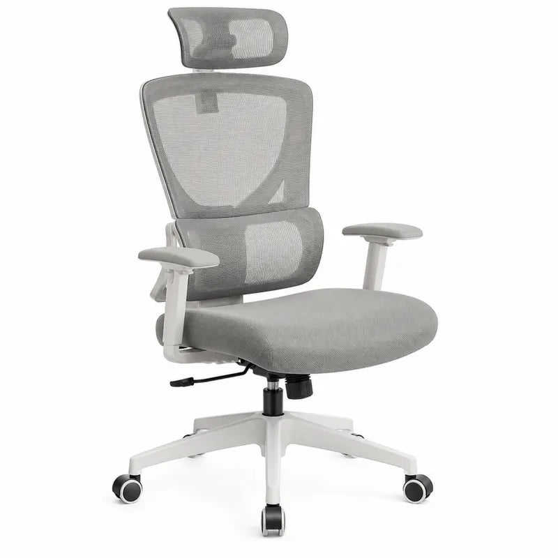 Ergonomiczne krzesło biurowe z siatki poliestrowej z regulowanym zagłówkiem szare