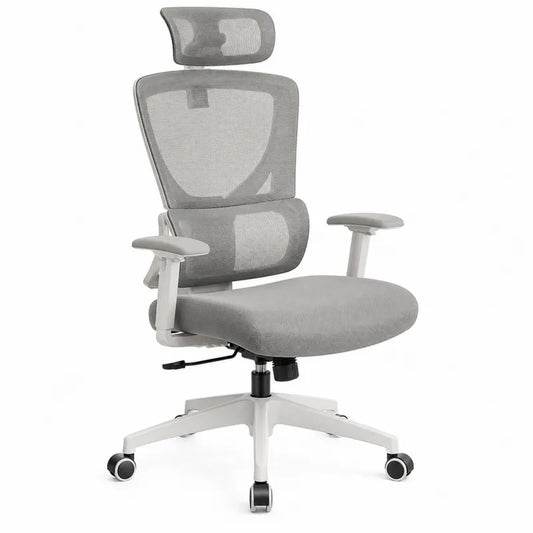 Ergonomiczne krzesło biurowe z siatki poliestrowej z regulowanym zagłówkiem szare