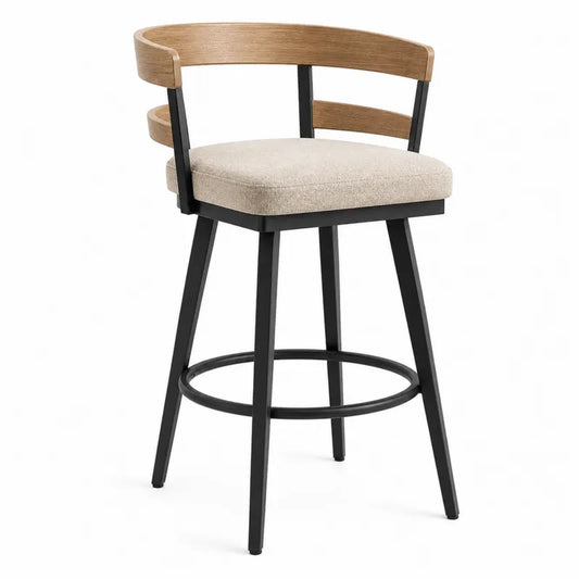 Stołek barowy z drewna, metalu i tkaniny, wysokość 105 cm, kolor beżowy/czarny